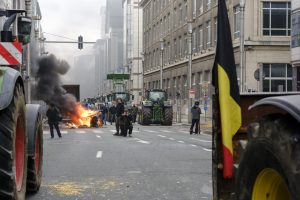 farmers-in-brussels-throw-beets,-spray-manure-at-police-and-set-hay-alight-to-protest-eu-policies